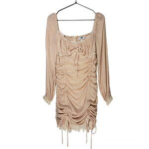 Shareen‎ Collections Ruched Bodycon Mini Dress Lace 12 Puff Sleeve Peach